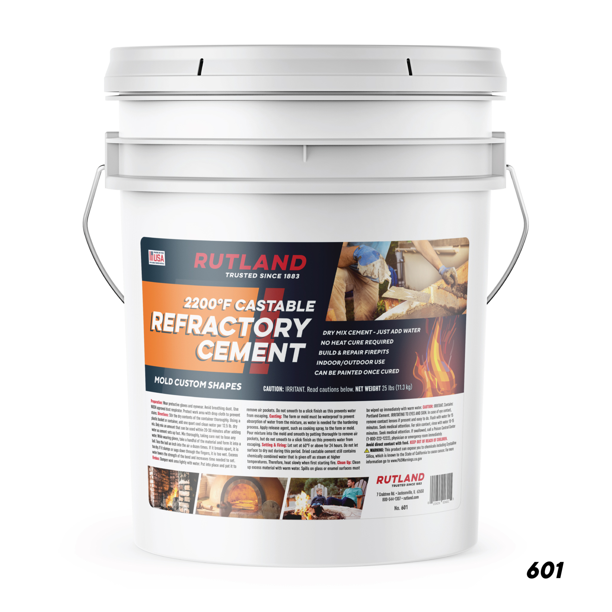 Rutland, Castable Refractory Cement, 25 lb Pail, Model# 601